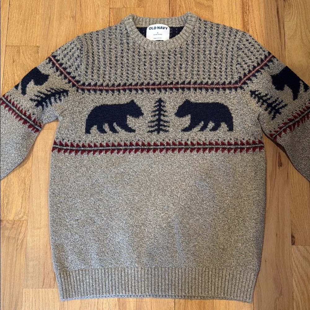 Old Navy tan, navy, red bear fairisle Crewneck Sweater